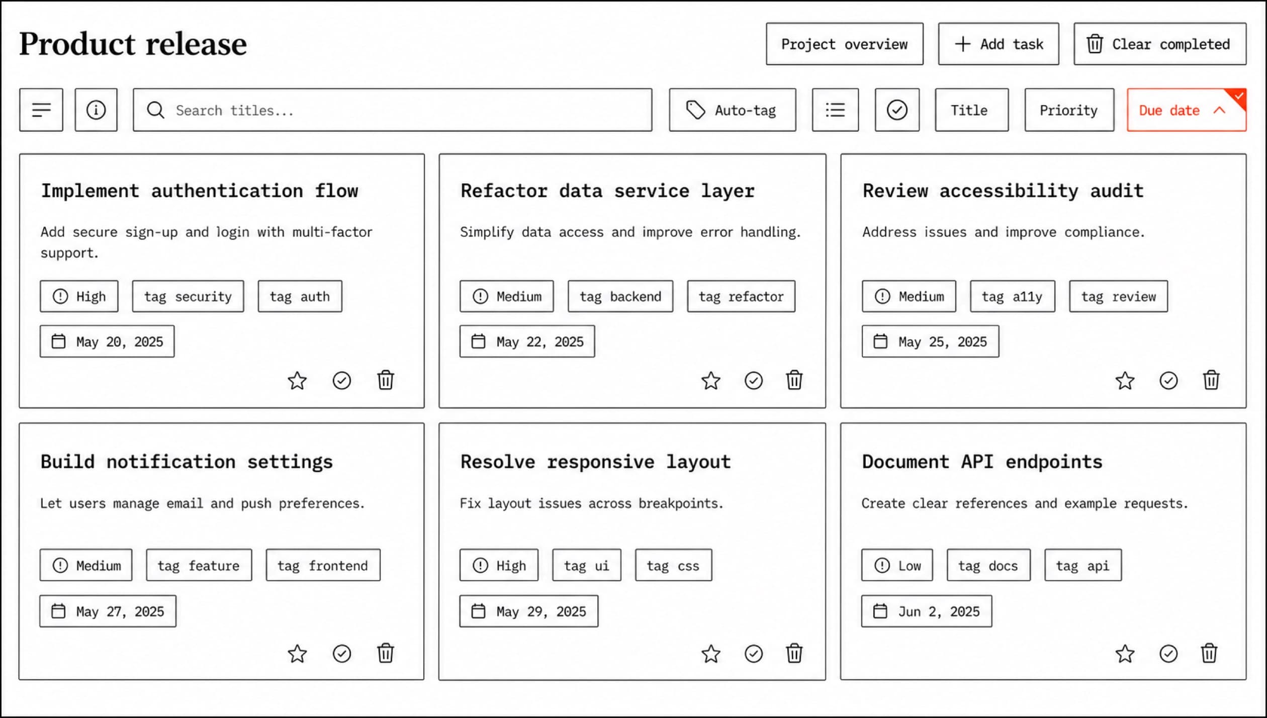 Reconstructed task cards with tags, priorities and manual delete controls.