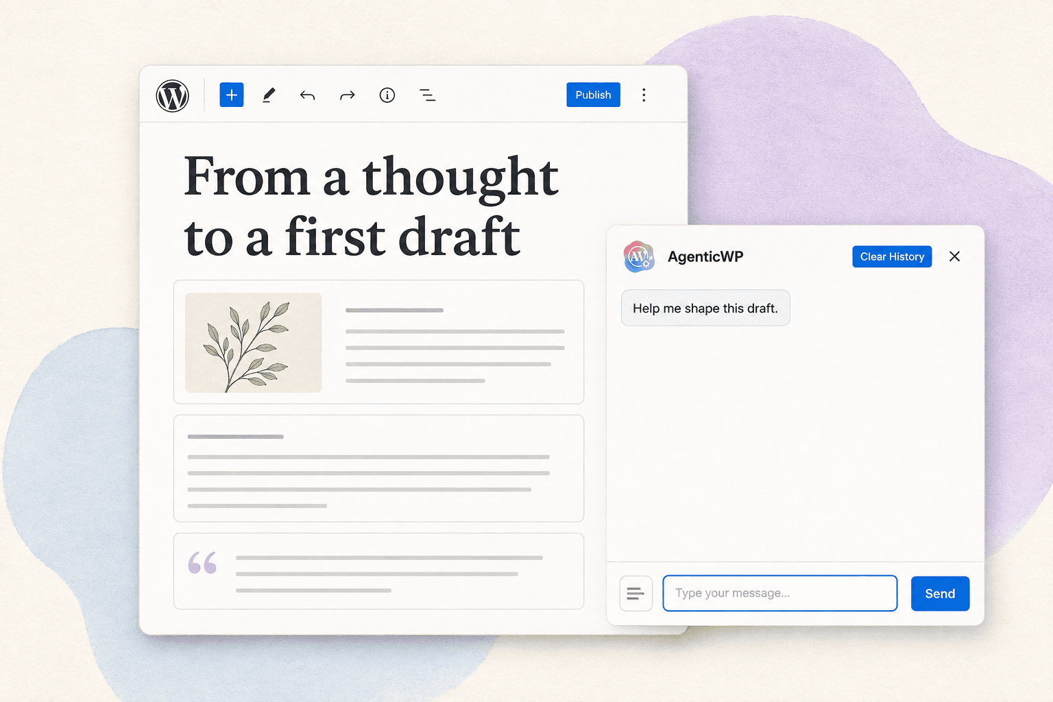 An illustrated WordPress draft with editable blocks beside the AgenticWP chat panel.