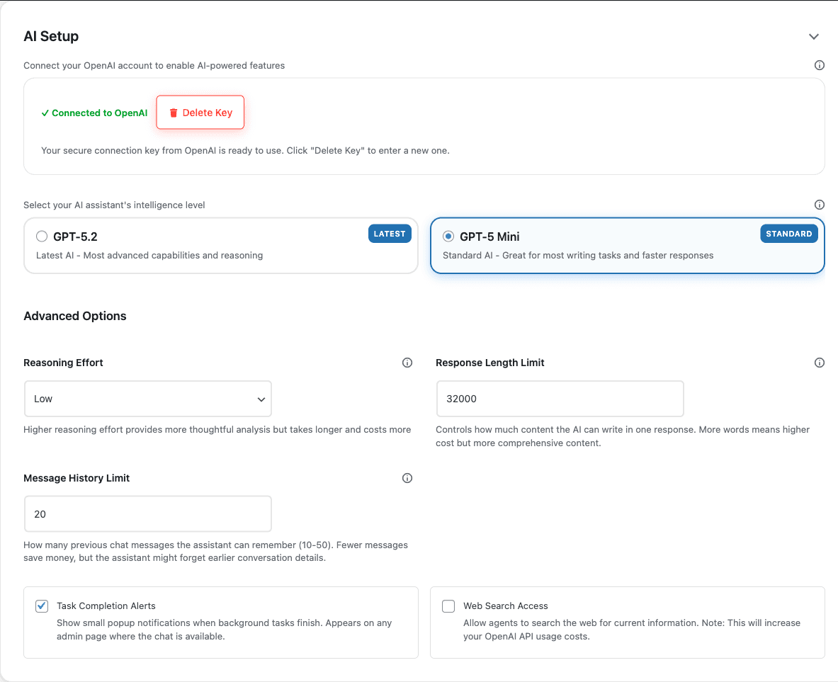 AgenticWP settings with a connected account key, model selection and task notifications.