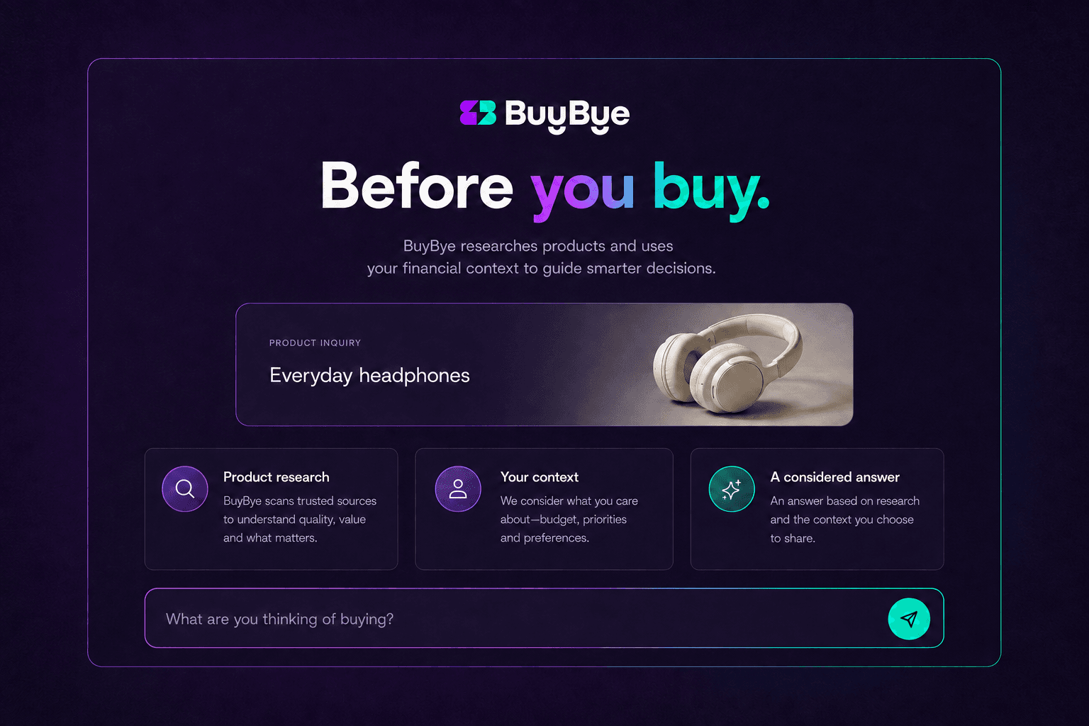 BuyBye illustration pairing a headphone inquiry with research and user-context cards.