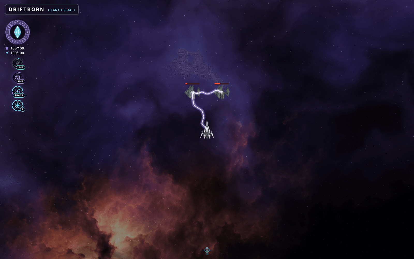 Needle ship firing an Arc Projector chain between two Ash Skiffs, with weapon and ability tiles visible at left.