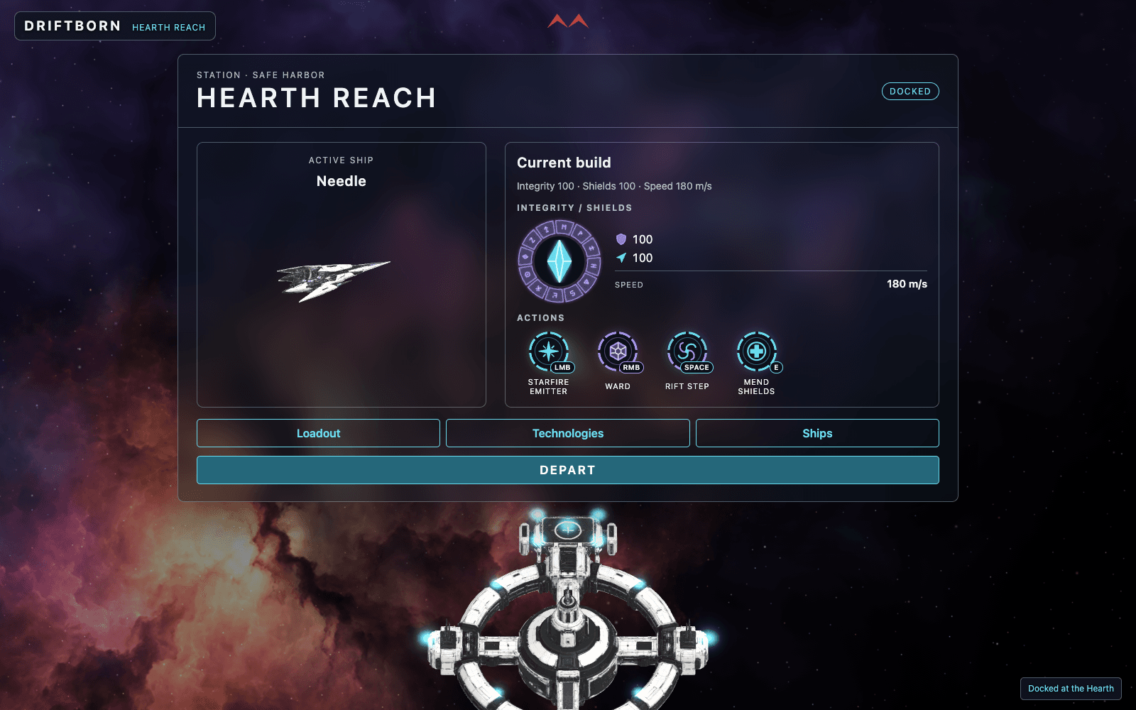Hearth Reach station showing the active Needle, its current build and Loadout, Technologies, Ships and Depart controls.