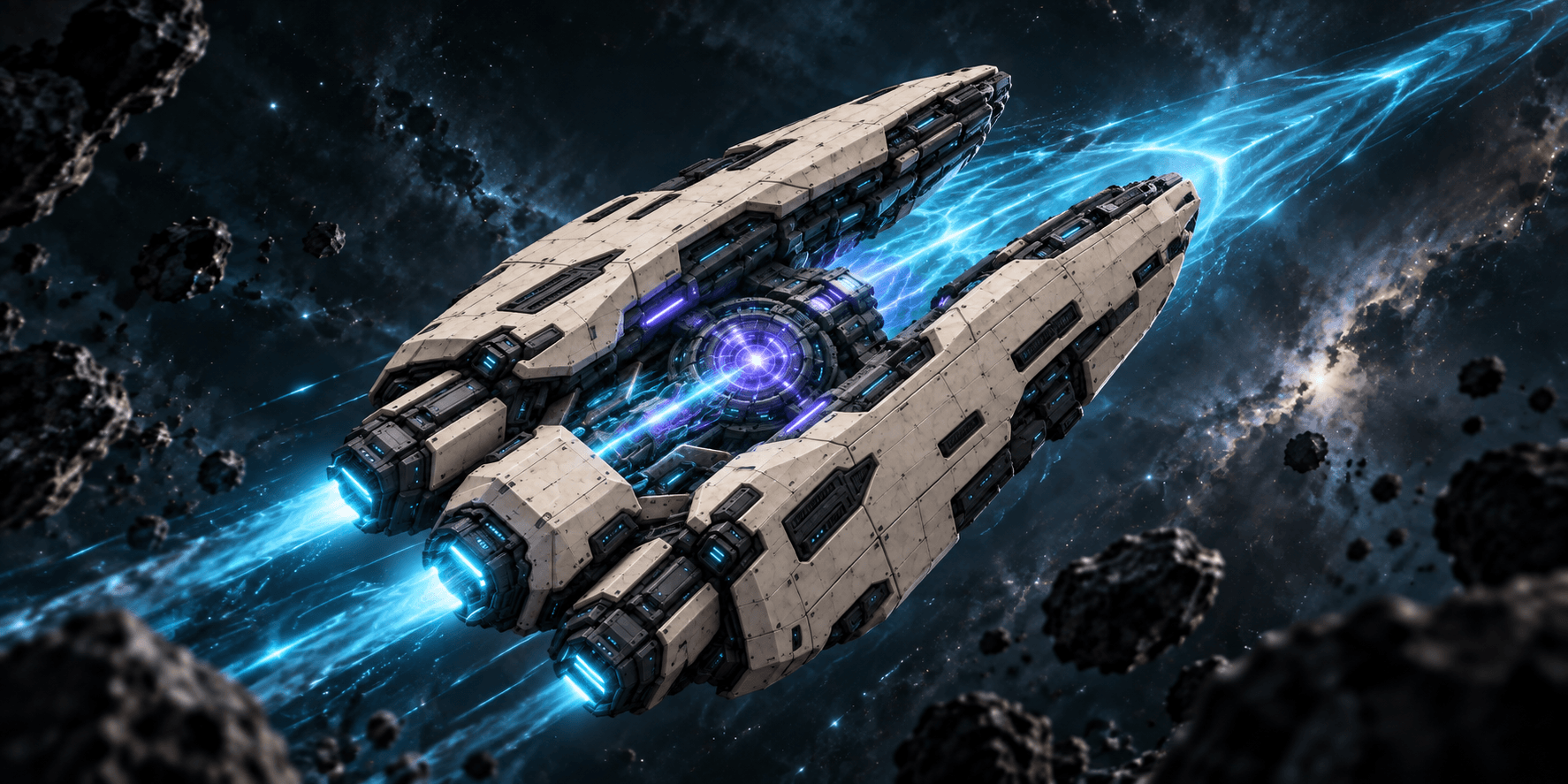Concept illustration of an ivory spacecraft channeling cyan energy through a violet core in deep space.