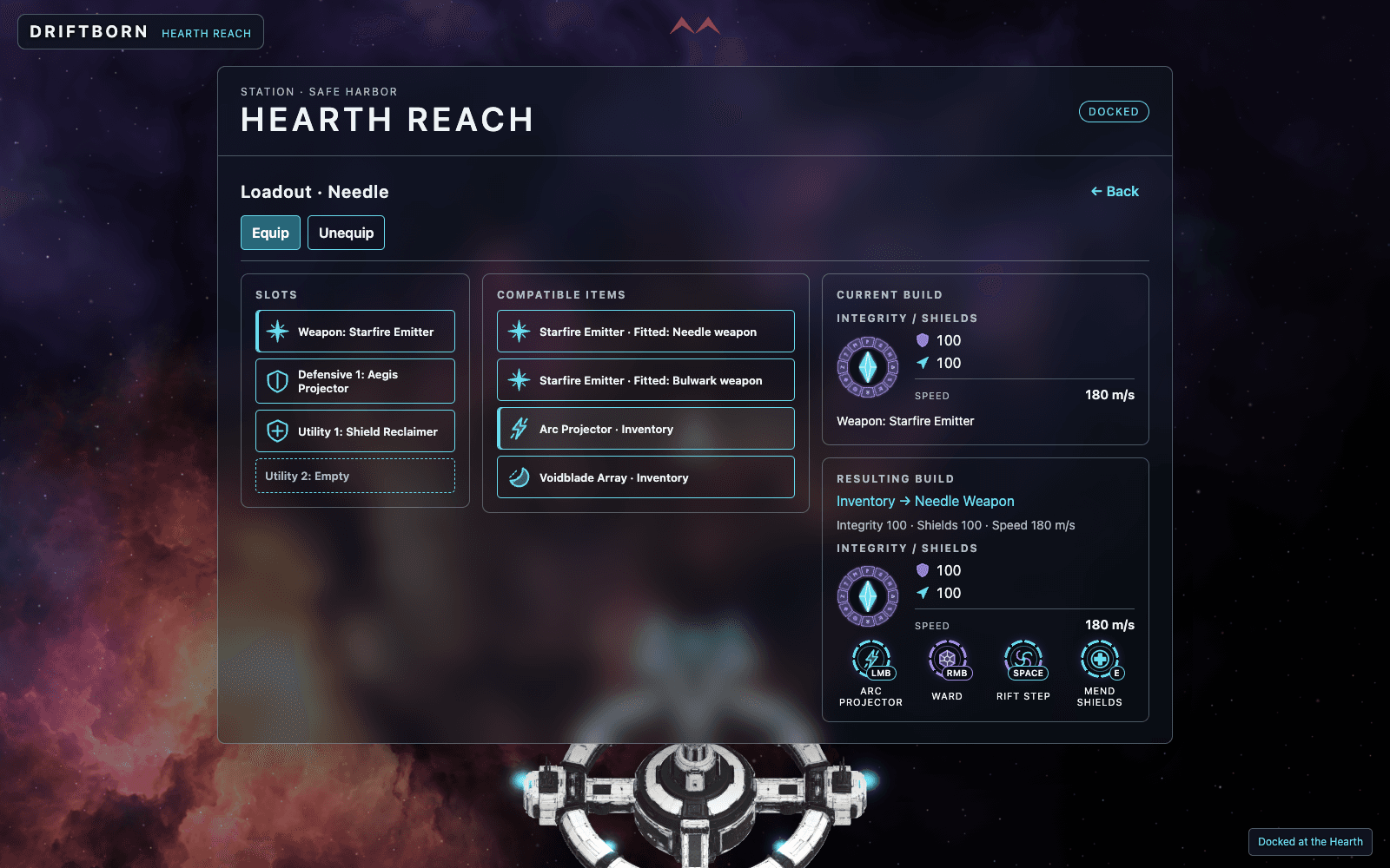 Needle Loadout panel previewing an Arc Projector from inventory in the weapon slot, with current and resulting build details.
