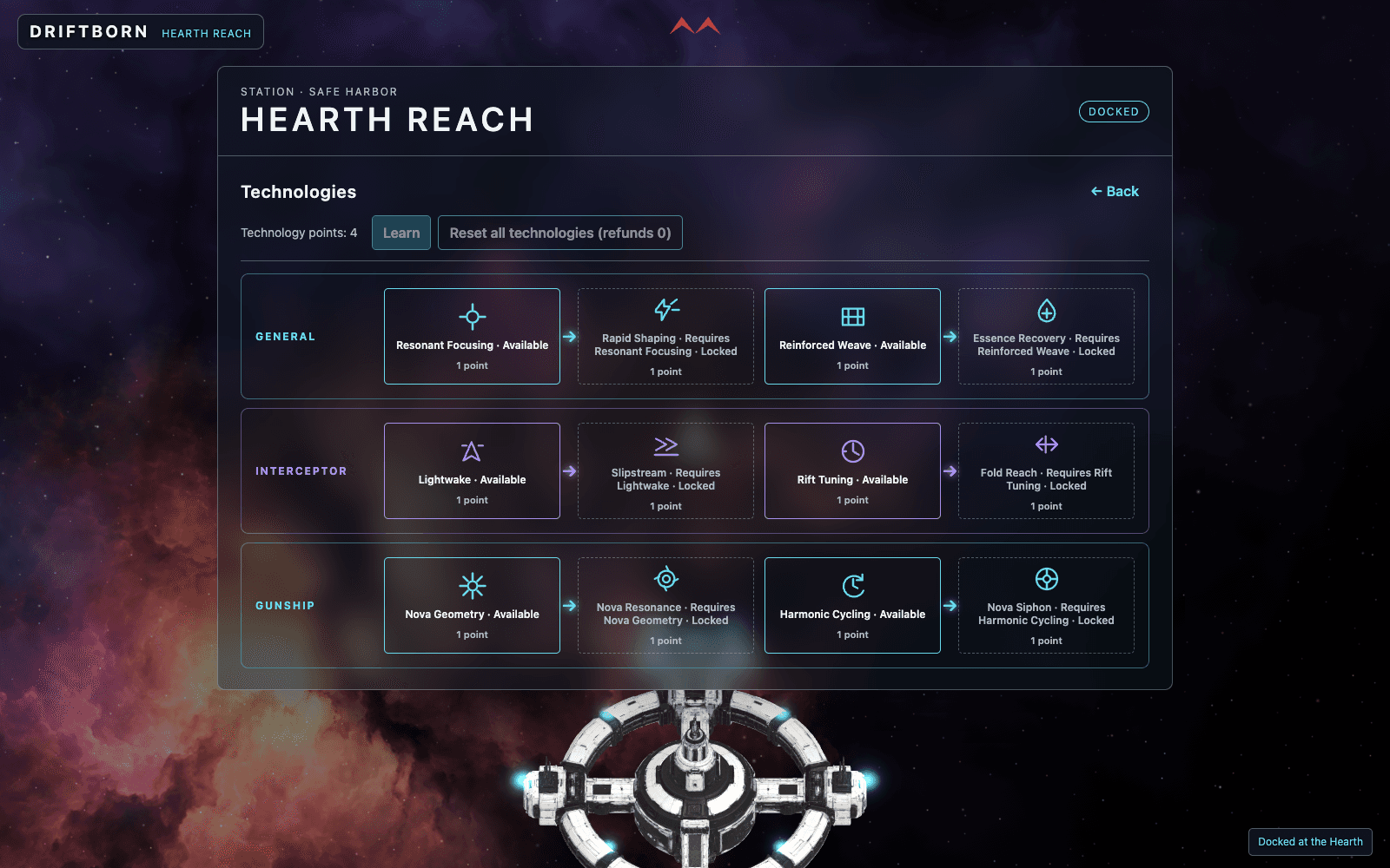 Technologies panel showing four available points and the General, Interceptor and Gunship branches with locked prerequisites.