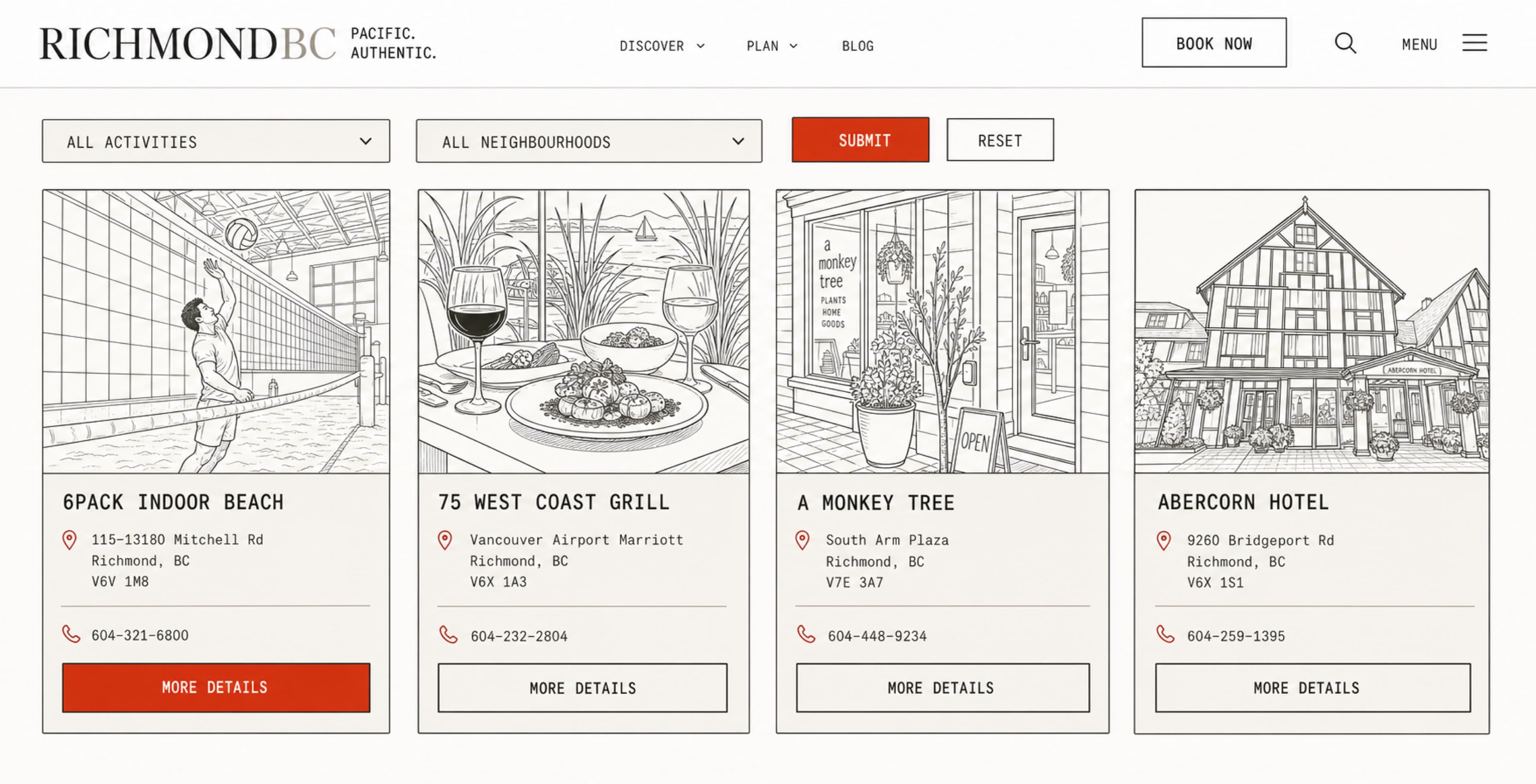 Illustrated Tourism Richmond directory with four business listings and activity filters.