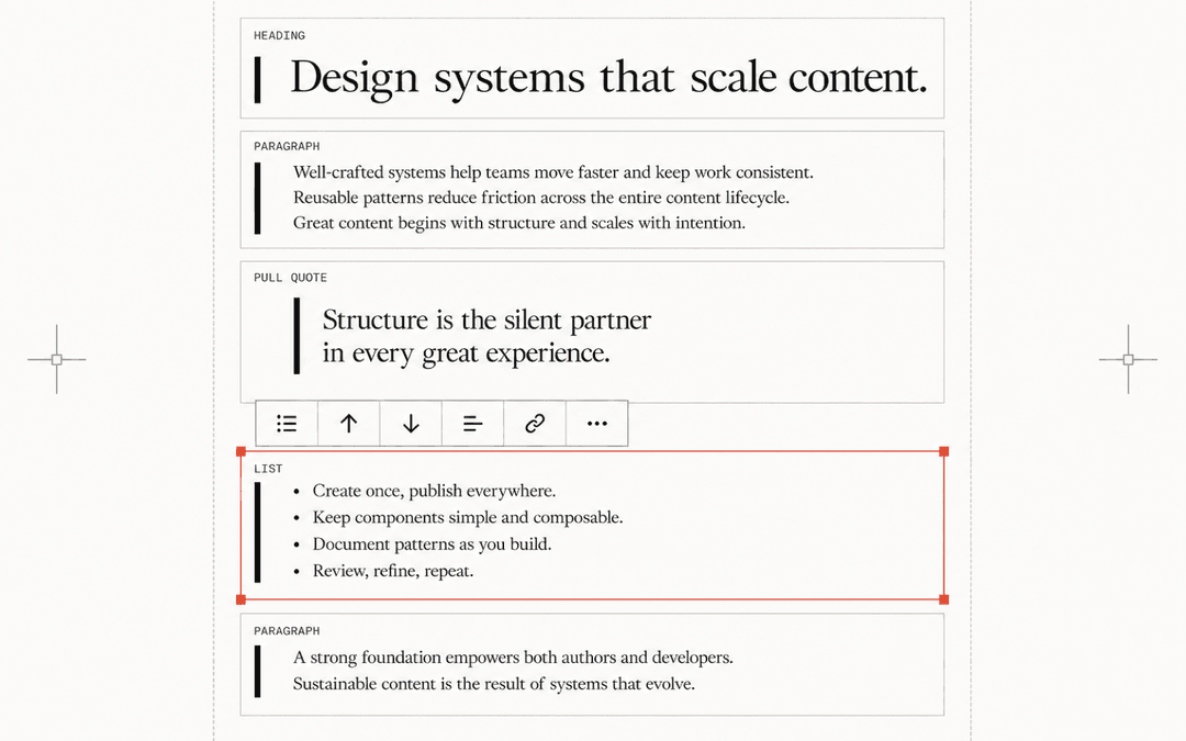 Real editor blocks rather than converted markup: the selected block carries the block toolbar and its own handles, and the styling applied elsewhere in the post repeats on it instead of being replaced.