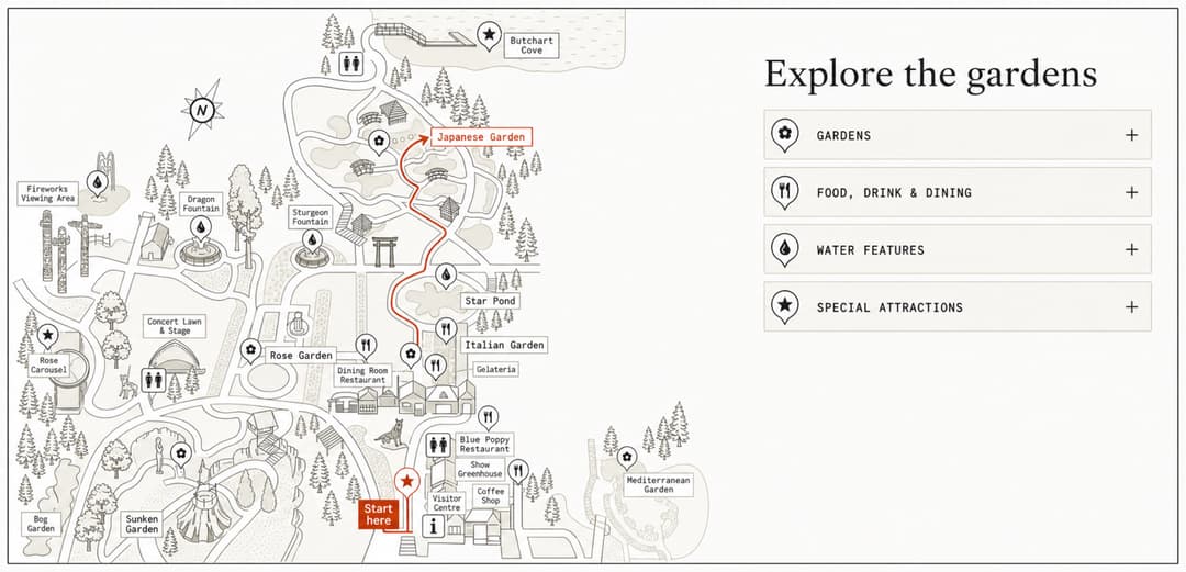 A page assembled from the custom block set rather than a bespoke template: the mapped route and the categories beside it are configured blocks an editor places.